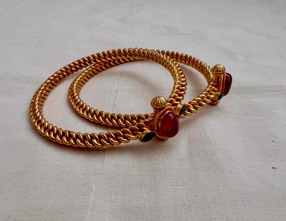 Gold polish golusu bangles with kemp ruby stones, PAIR