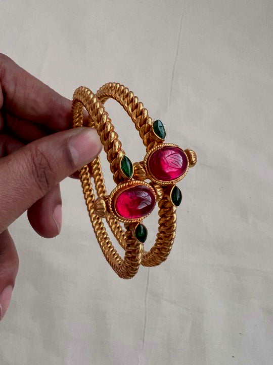 Gold polish golusu bangles with kemp ruby stones, PAIR