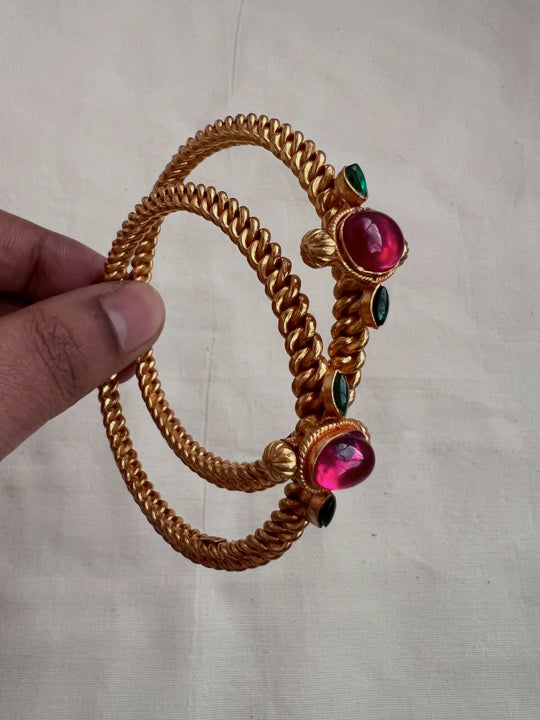 Gold polish golusu bangles with kemp ruby stones, PAIR