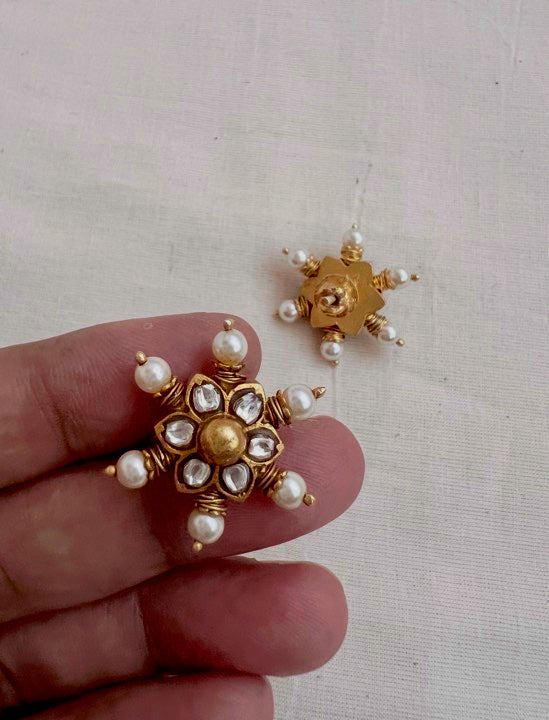 Gold polish kundan studs with pearls