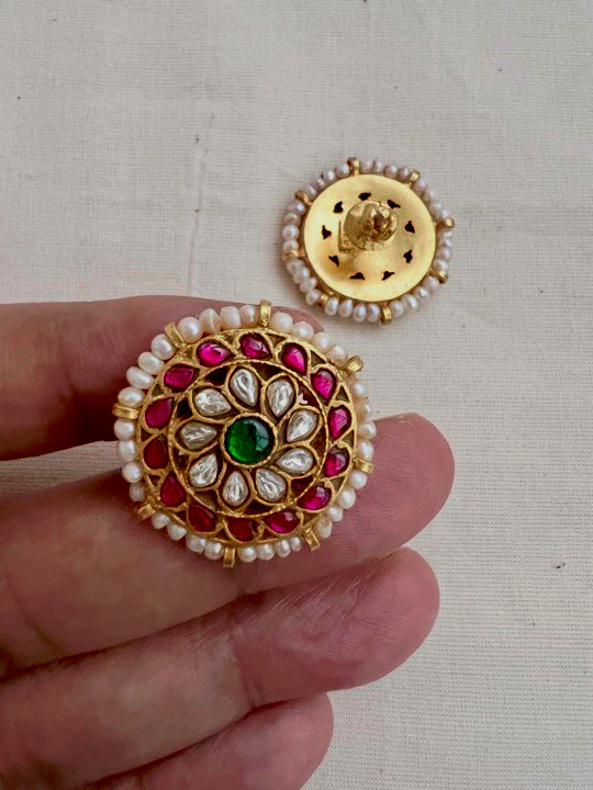 Gold polish kundan, ruby and emerald studs with pearls