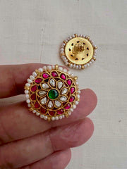 Gold polish kundan, ruby and emerald studs with pearls