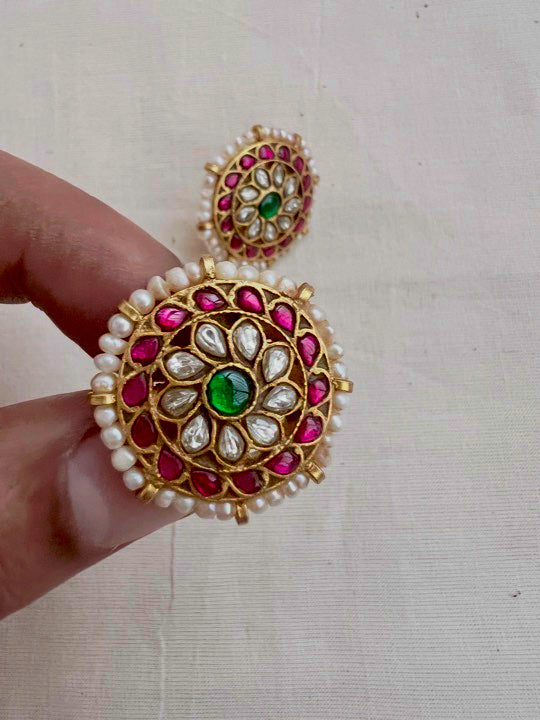 Gold polish kundan, ruby and emerald studs with pearls