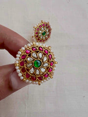 Gold polish kundan, ruby and emerald studs with pearls