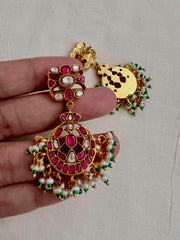 Gold polish kundan, ruby and emerald hangings with pearls