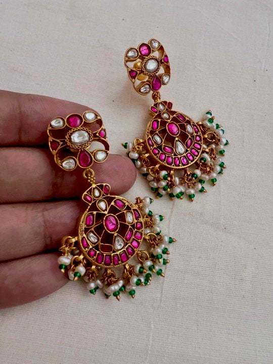 Gold polish kundan, ruby and emerald hangings with pearls