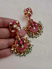 Gold polish kundan, ruby and emerald hangings with pearls