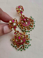 Gold polish kundan, ruby and emerald hangings with pearls