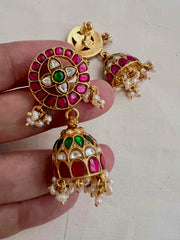 Gold polish kundan, ruby and emerald jhumkas with pearls