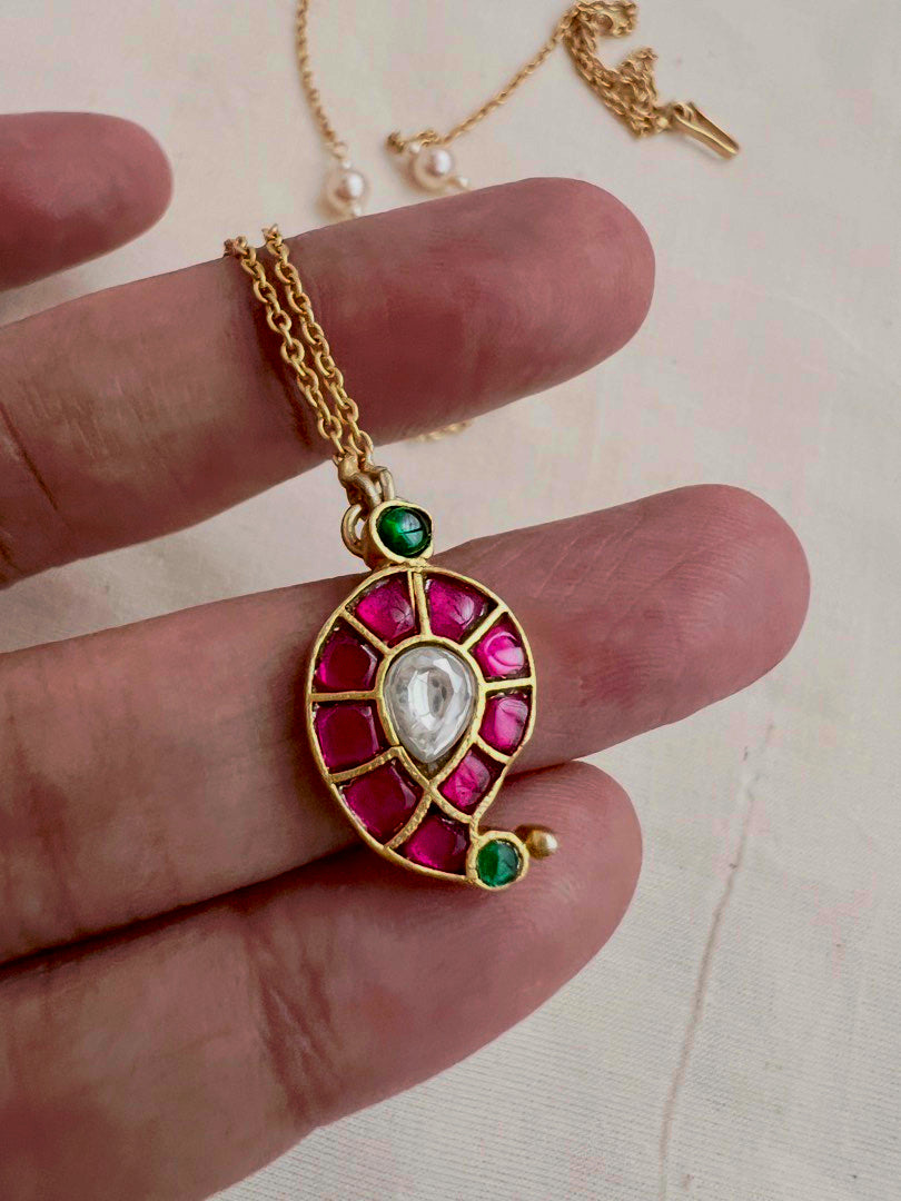 Kundan, ruby & emerald paisley pendant with gold polish chain