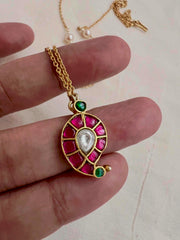 Kundan, ruby & emerald paisley pendant with gold polish chain