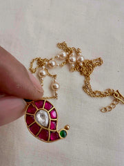 Kundan, ruby & emerald paisley pendant with gold polish chain