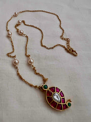 Kundan, ruby & emerald paisley pendant with gold polish chain