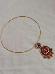 Kundan, ruby & emerald pendant with pearls and gold polish beads with hasli