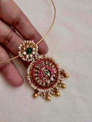 Kundan, ruby & emerald pendant with pearls and gold polish beads with hasli