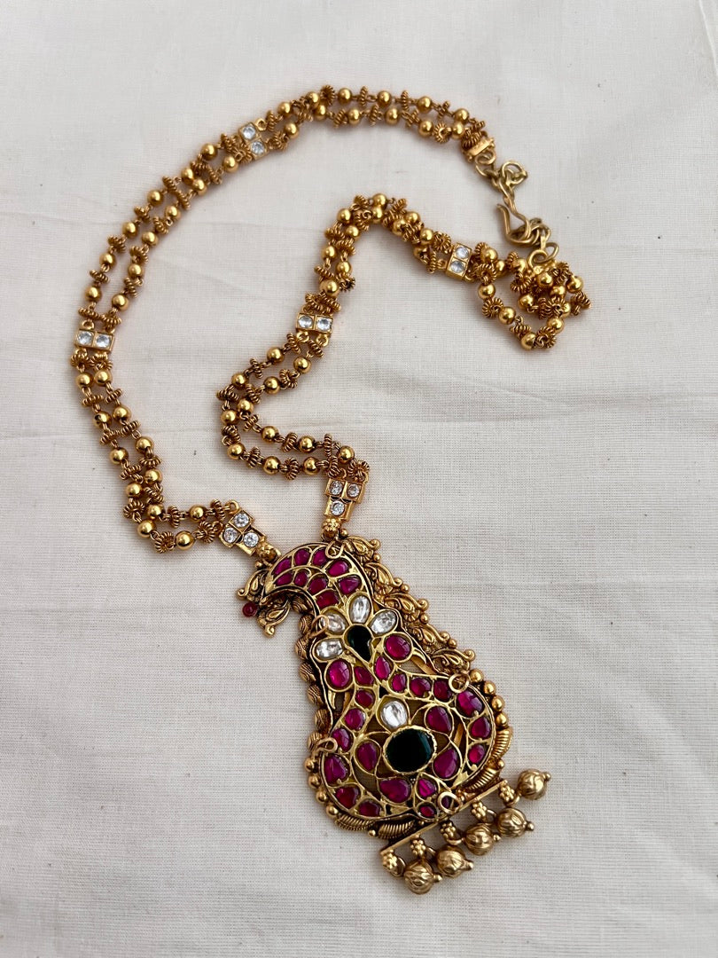Gold polish kundan, ruby & emerald pendant with gold beads chain