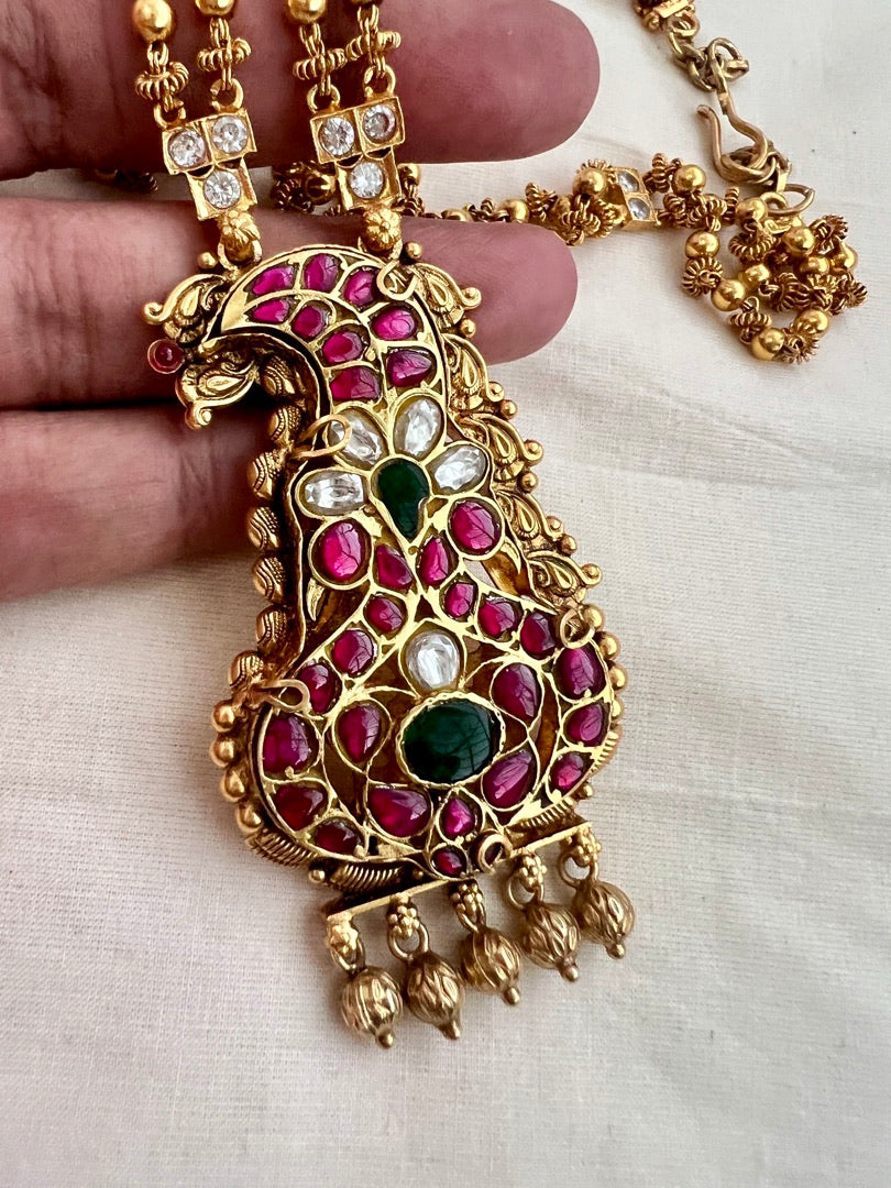 Gold polish kundan, ruby & emerald pendant with gold beads chain