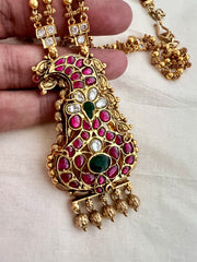 Gold polish kundan, ruby & emerald pendant with gold beads chain