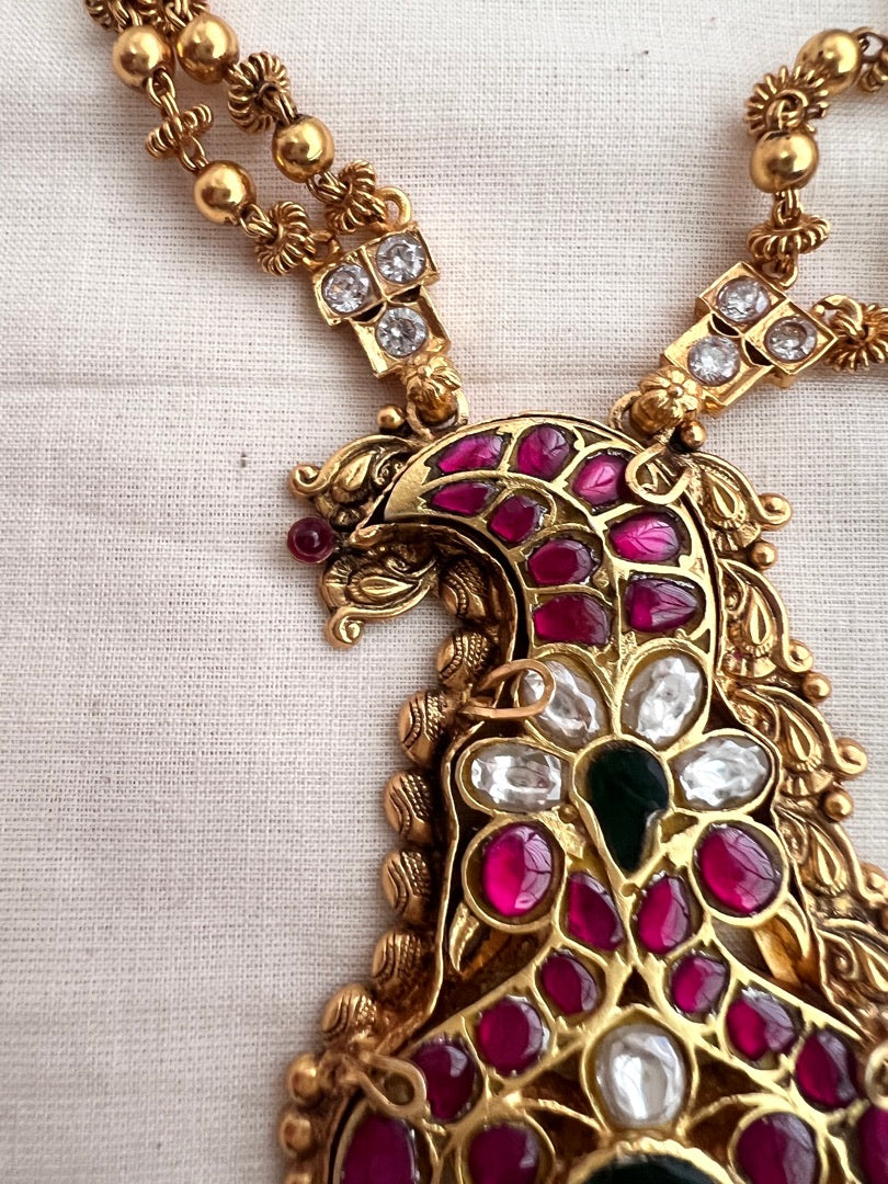 Gold polish kundan, ruby & emerald pendant with gold beads chain