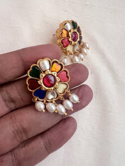 Gold polish navrathana studs with pearls-Earrings-CI-House of Taamara