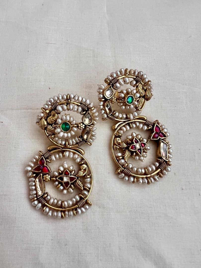 Gold polish kundan, ruby & emerald earrings with pearls-Earrings-CI-House of Taamara