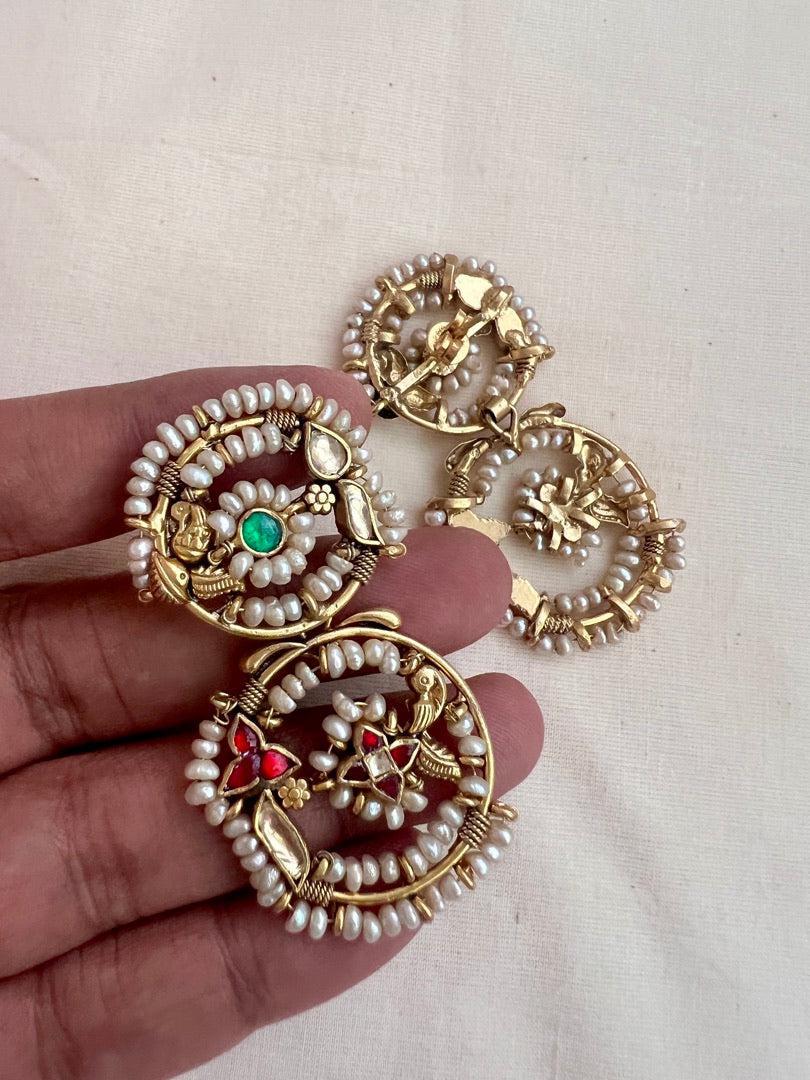 Gold polish kundan, ruby & emerald earrings with pearls-Earrings-CI-House of Taamara