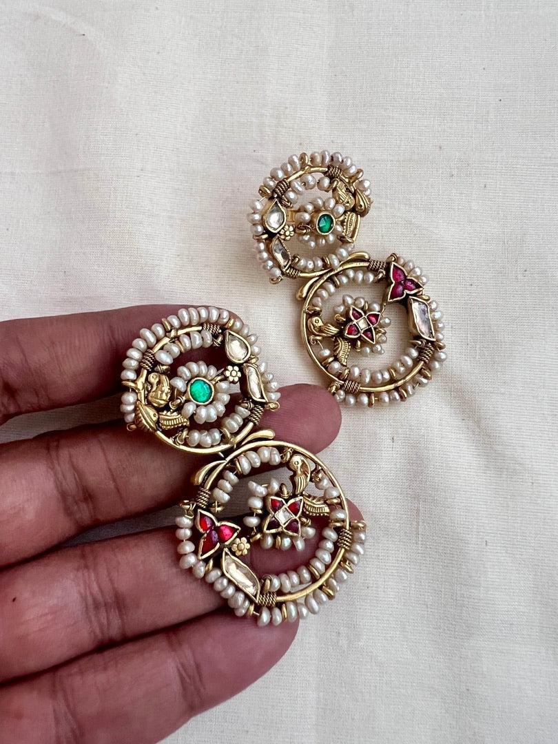 Gold polish kundan, ruby & emerald earrings with pearls-Earrings-CI-House of Taamara