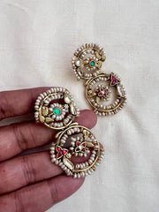 Gold polish kundan, ruby & emerald earrings with pearls-Earrings-CI-House of Taamara