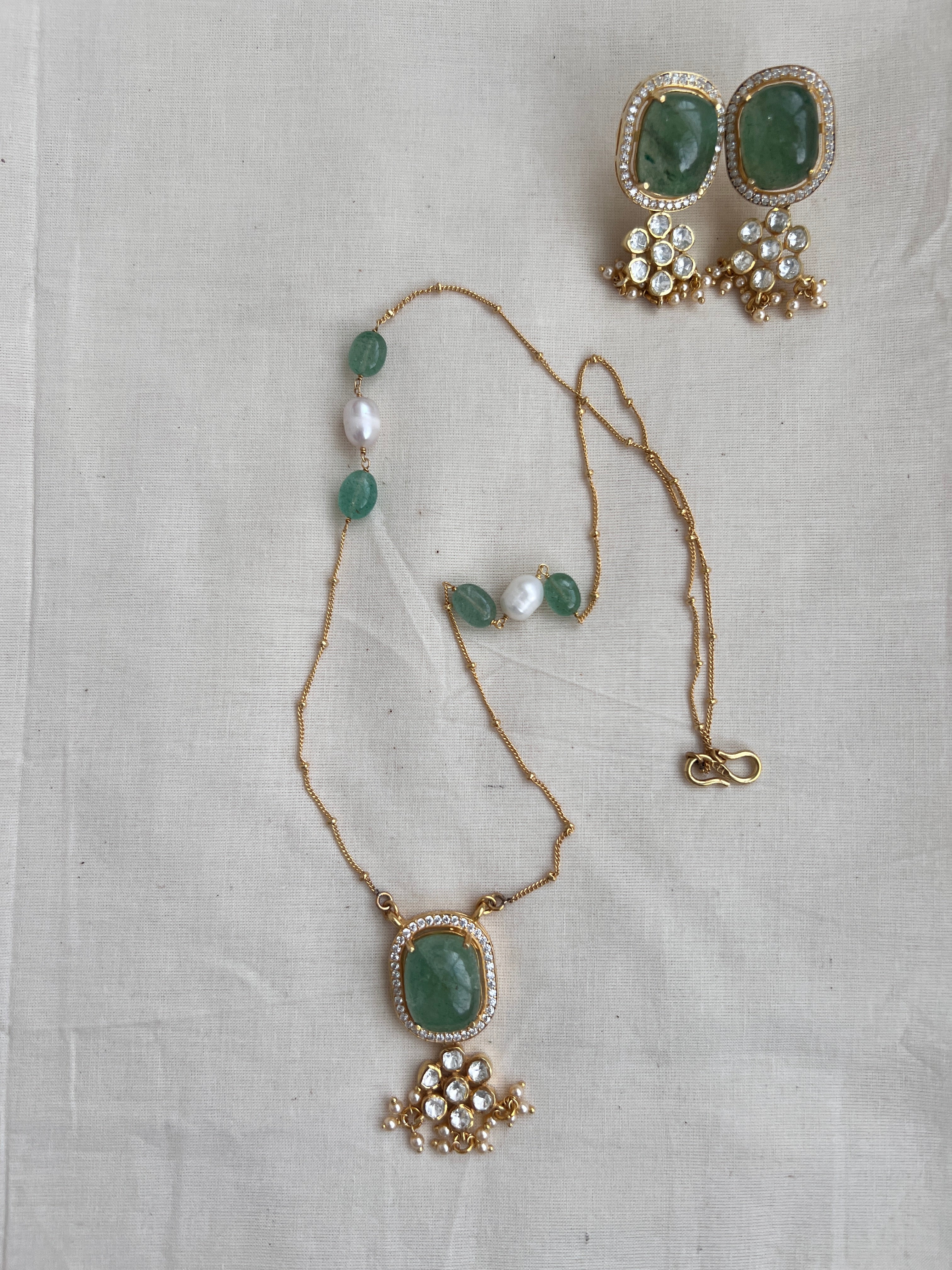 Gold polish moissanite & carved jade pendant with chain, SET-Silver Neckpiece-CI-House of Taamara