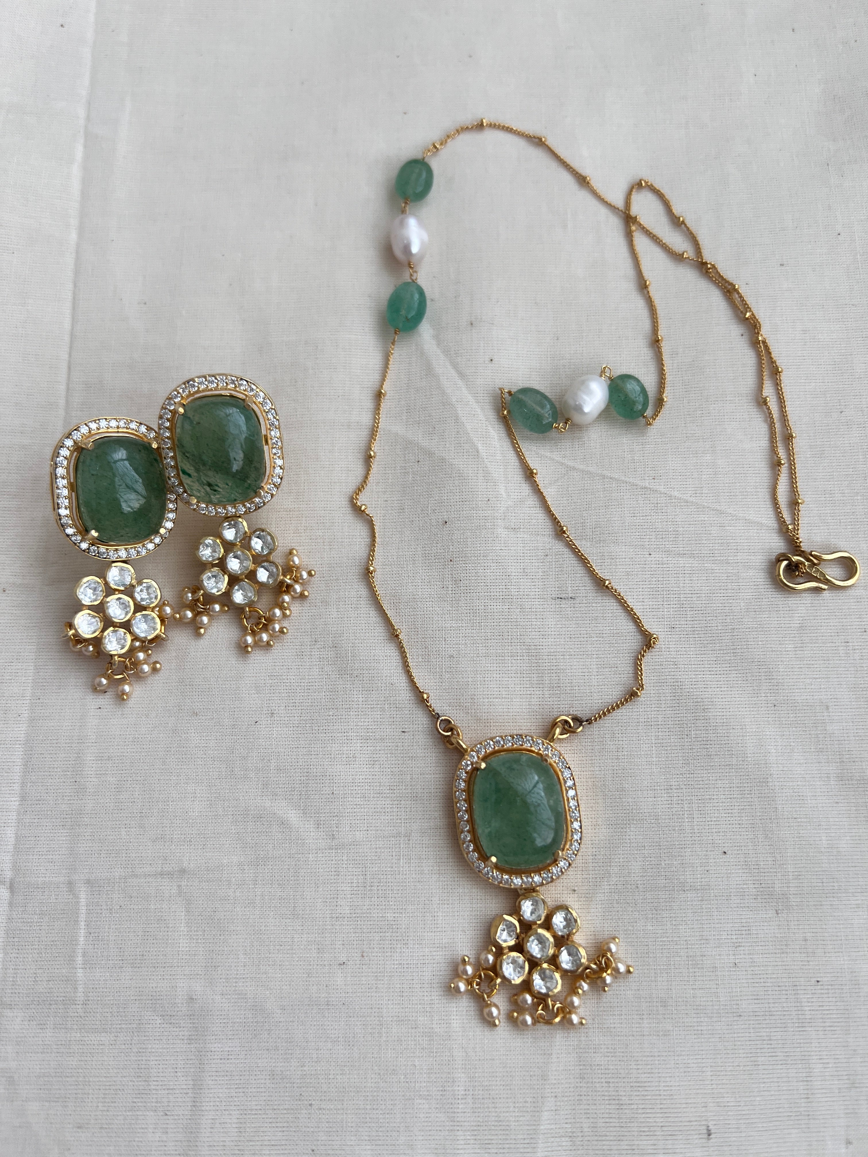 Gold polish moissanite & carved jade pendant with chain, SET-Silver Neckpiece-CI-House of Taamara