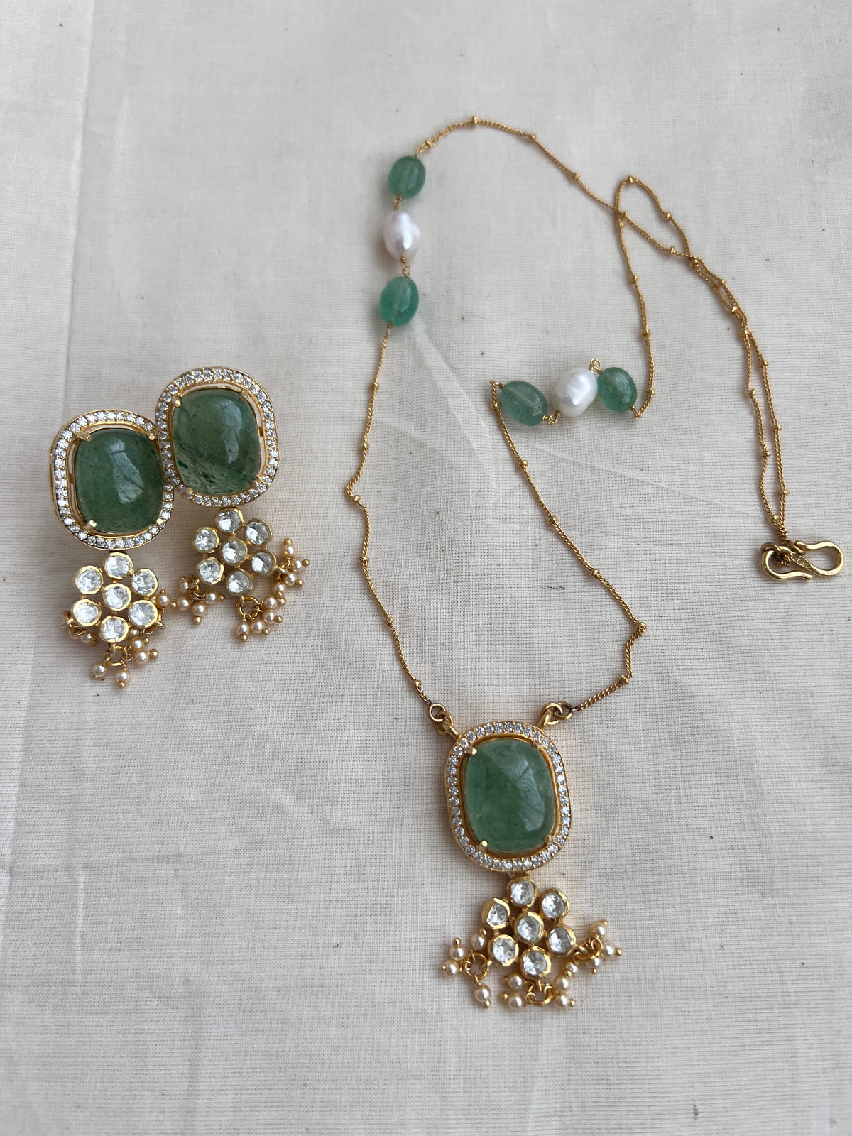 Gold polish moissanite & carved jade pendant with chain, SET-Silver Neckpiece-CI-House of Taamara