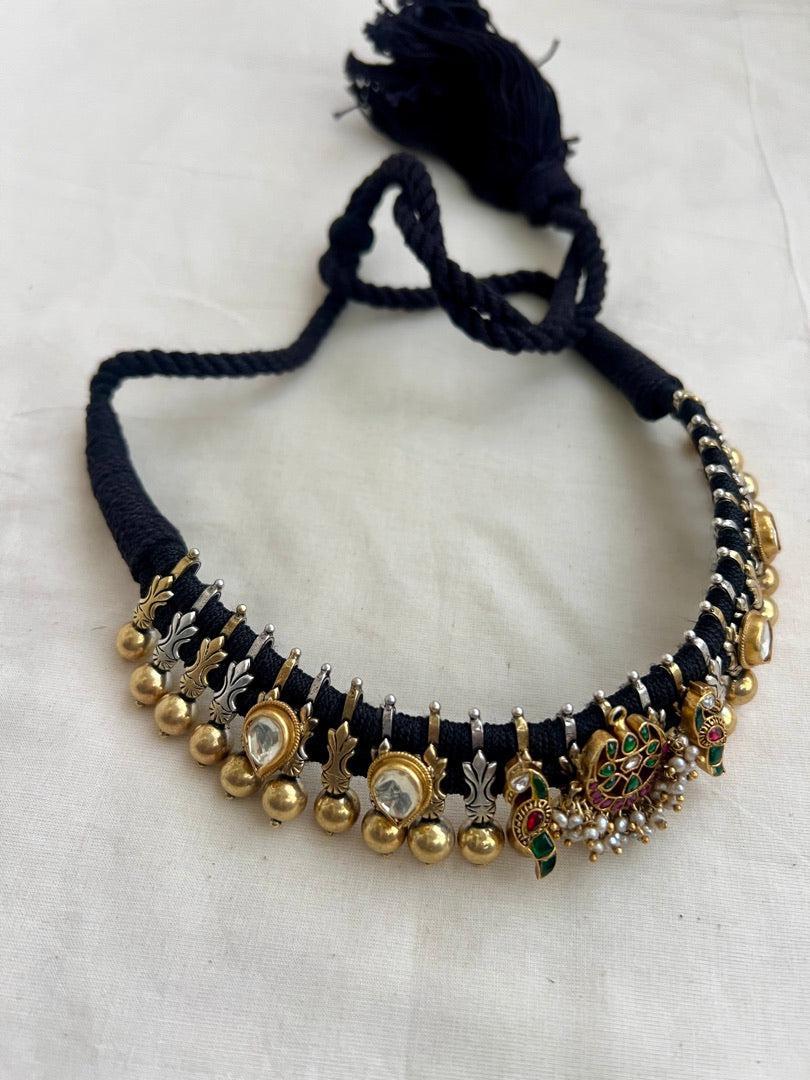 Gold polish black threaded necklace with kundan, ruby & emerald with pearls-Silver Neckpiece-CI-House of Taamara