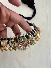 Gold polish black threaded necklace with kundan, ruby & emerald with pearls-Silver Neckpiece-CI-House of Taamara