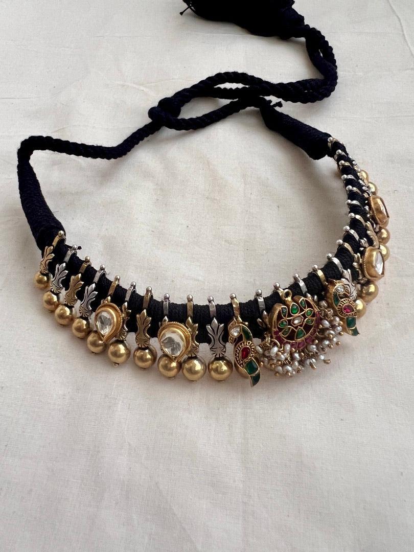 Gold polish black threaded necklace with kundan, ruby & emerald with pearls-Silver Neckpiece-CI-House of Taamara