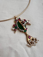 Gold polish hasli with kundan, emerald & ruby pendant with pearls-Silver Neckpiece-CI-House of Taamara