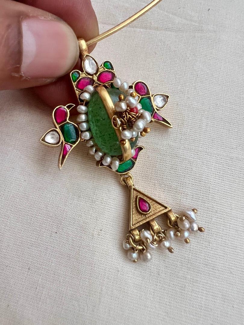 Gold polish hasli with kundan, emerald & ruby pendant with pearls-Silver Neckpiece-CI-House of Taamara