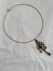 Gold polish hasli with kundan, emerald & ruby pendant with pearls-Silver Neckpiece-CI-House of Taamara