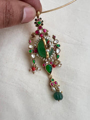 Gold polish hasli with kundan, emerald & ruby pendant with pearls-Silver Neckpiece-CI-House of Taamara