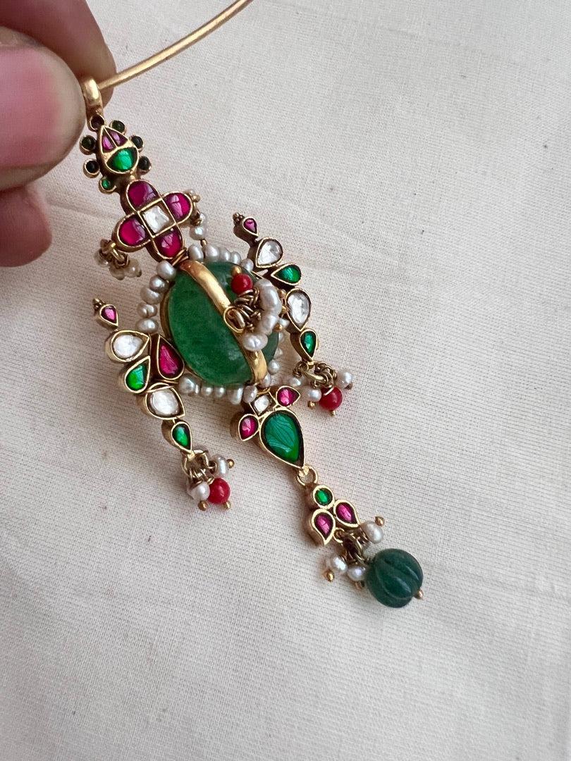 Gold polish hasli with kundan, emerald & ruby pendant with pearls-Silver Neckpiece-CI-House of Taamara