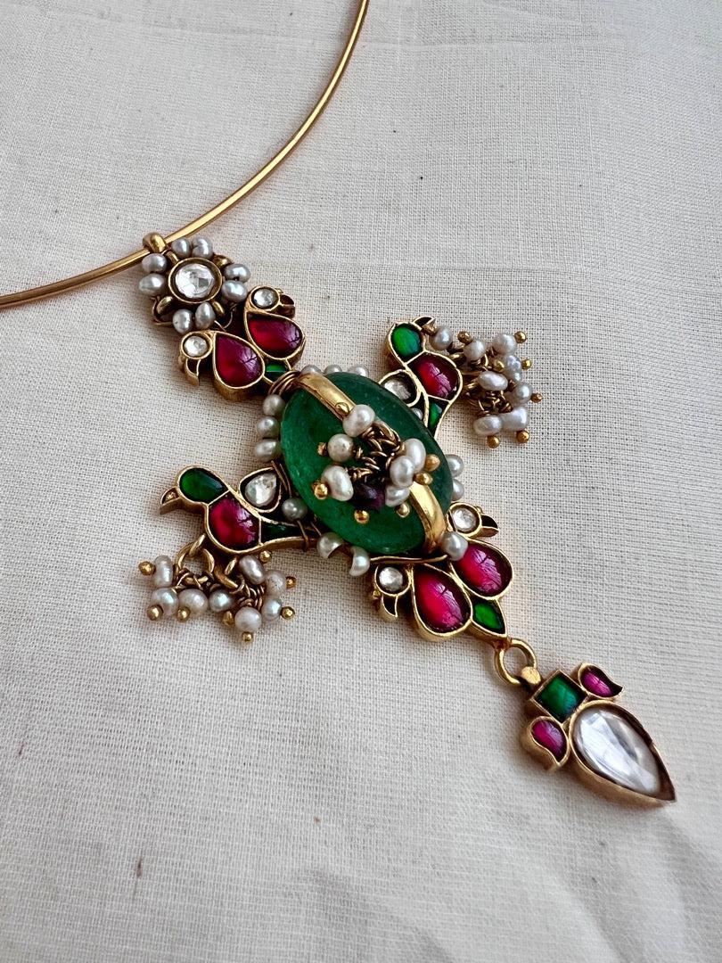 Gold polish hasli with kundan, emerald & ruby pendant with pearls-Silver Neckpiece-CI-House of Taamara