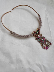 Gold polish hasli with kundan, emerald & ruby pendant with pearls-Silver Neckpiece-CI-House of Taamara