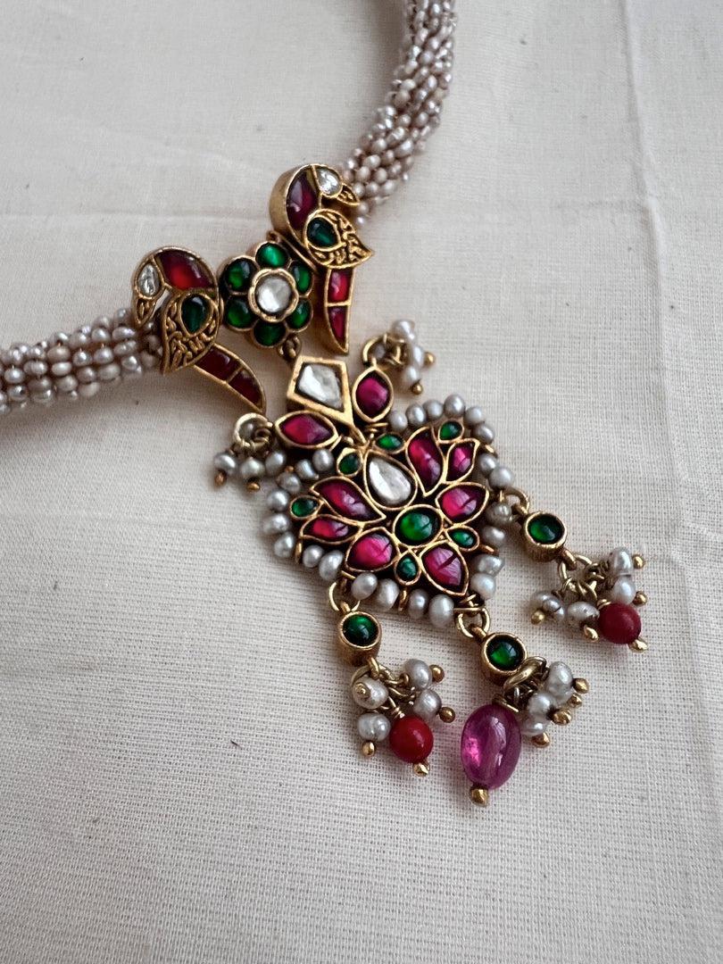 Gold polish hasli with kundan, emerald & ruby pendant with pearls-Silver Neckpiece-CI-House of Taamara