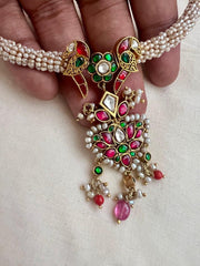 Gold polish hasli with kundan, emerald & ruby pendant with pearls-Silver Neckpiece-CI-House of Taamara