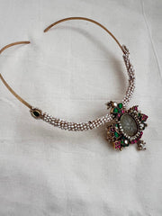 Gold polish hasli with kundan, emerald & ruby pendant with pearls-Silver Neckpiece-CI-House of Taamara