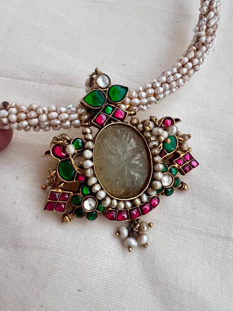 Gold polish hasli with kundan, emerald & ruby pendant with pearls-Silver Neckpiece-CI-House of Taamara