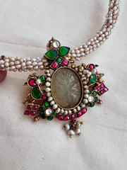 Gold polish hasli with kundan, emerald & ruby pendant with pearls-Silver Neckpiece-CI-House of Taamara