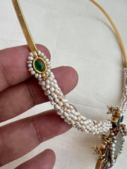 Gold polish hasli with kundan, emerald & ruby pendant with pearls-Silver Neckpiece-CI-House of Taamara