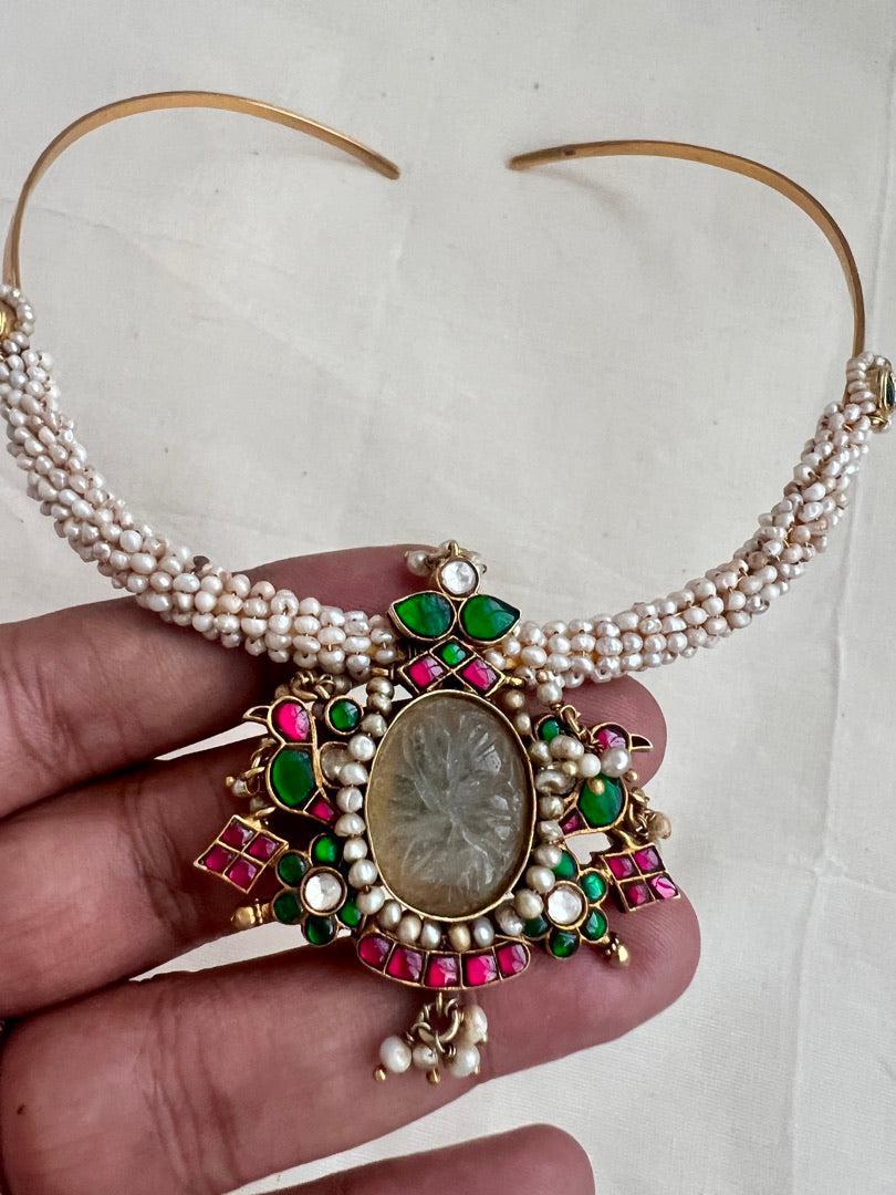 Gold polish hasli with kundan, emerald & ruby pendant with pearls-Silver Neckpiece-CI-House of Taamara