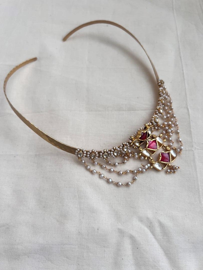 Gold polish hasli with kundan, emerald & ruby pendant with pearls-Silver Neckpiece-CI-House of Taamara