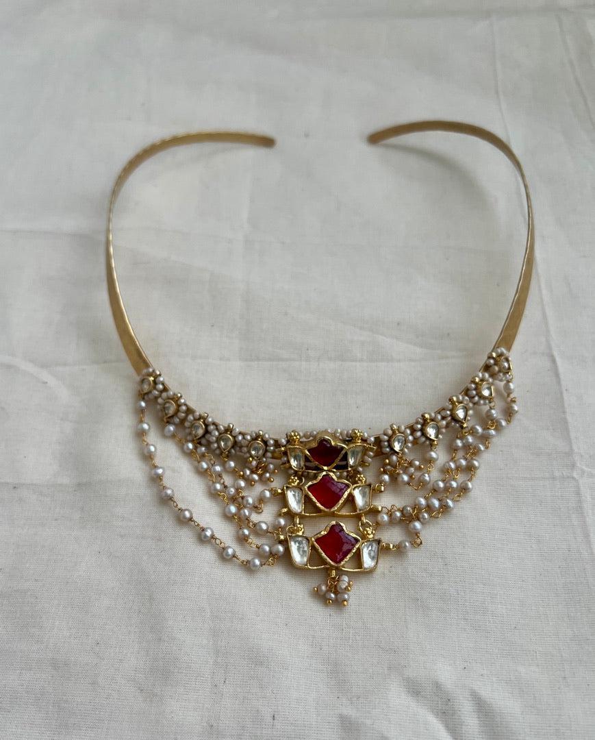 Gold polish hasli with kundan, emerald & ruby pendant with pearls-Silver Neckpiece-CI-House of Taamara